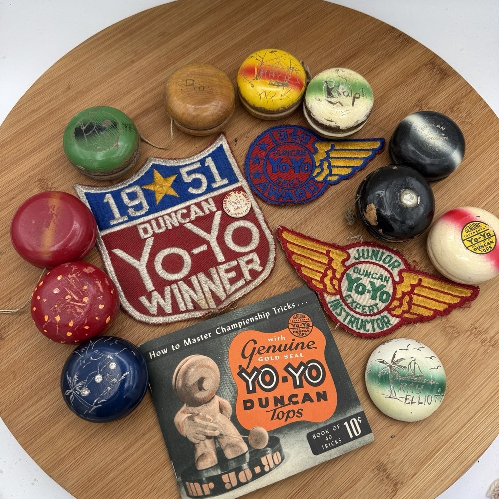 VTG  Duncan Yo-Yo Collection Lot 1950's wood Tournament Memorabilia Patches book
